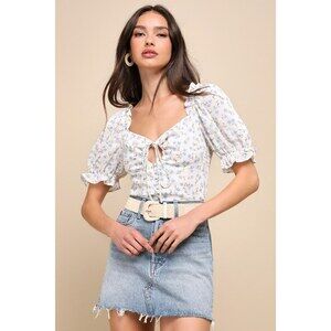 Lulus Floral Puff Sleeve Drawstring Cutout Top